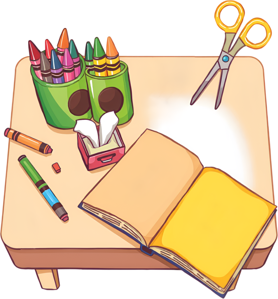 - Encourage youthful creativity with this charming art table scene featuring crayons, markers, scissors, and an open book Clipart PNG Free PNG Download