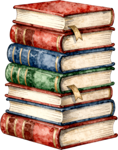 Delve into literature with this impressive stack of seven beautifully bound hardcover books, complete with elegant bookmarks Clipart PNG