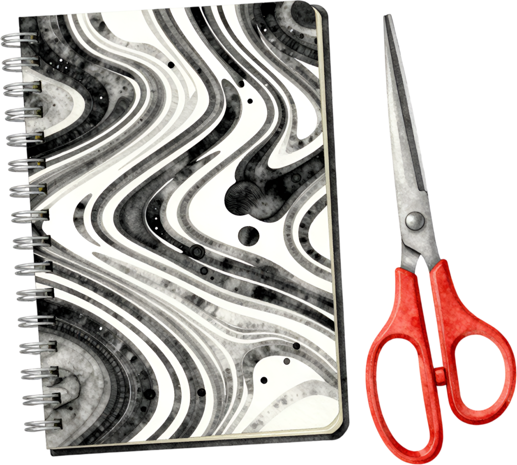Express your unique style with this artistic spiral notebook featuring an abstract cover design and a pair of red scissors Clipart PNG 1 - Express your unique style with this artistic spiral notebook featuring an abstract cover design and a pair of red scissors Clipart PNG Free PNG Download