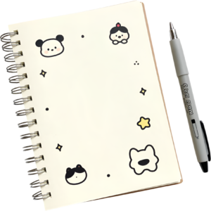 Personalize your notes with this adorable spiral notebook adorned with cute drawings and a stylish gray pen Clipart PNG