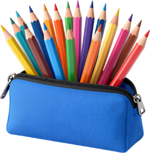 Keep your art tools tidy in this vibrant blue pencil case overflowing with an assortment of colorful pencils Clipart PNG