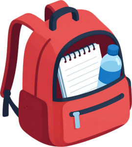 Embark on your daily adventures with this practical red backpack, complete with a notebook and water bottle Clipart PNG