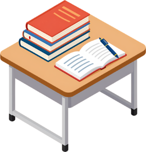 Isometric School Desk with Stacked Books and Open Notebook Illustration PNG for Education Graphics