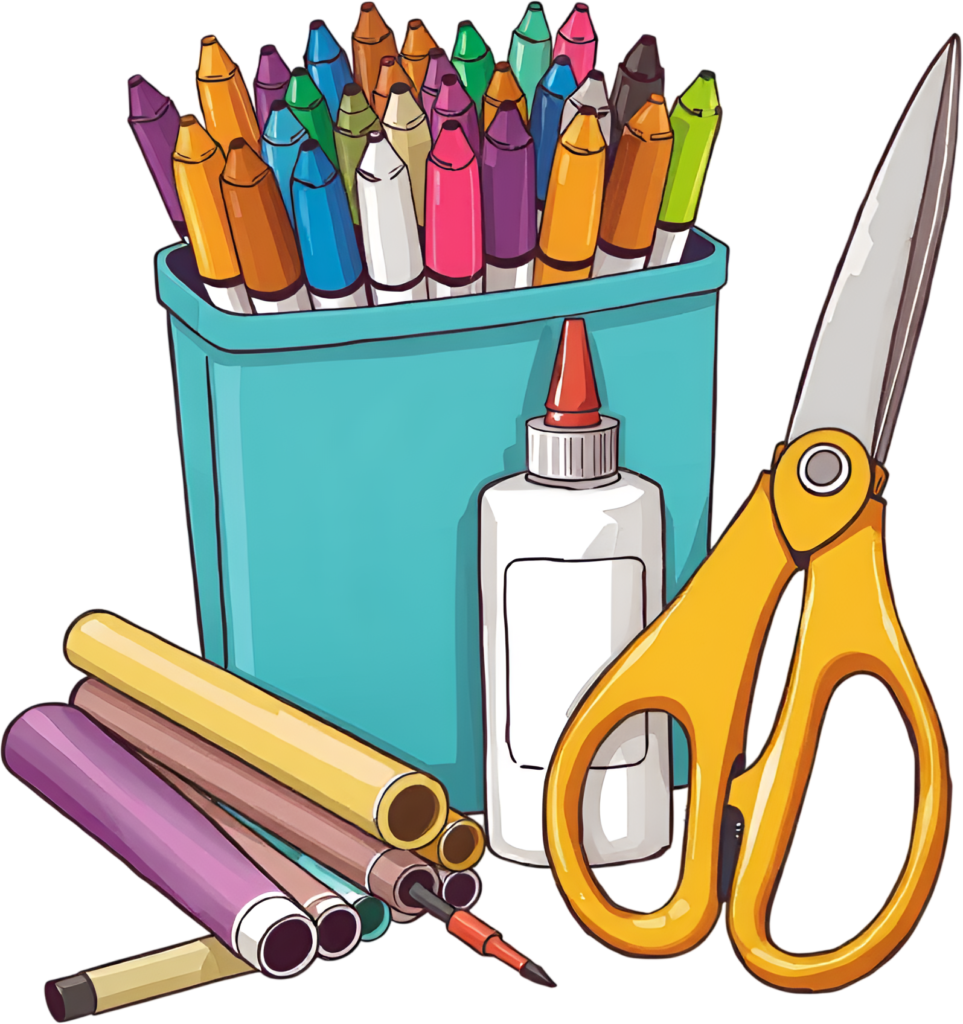 Complete Art and Craft Supplies Illustration PNG, featuring markers, glue, and scissors for creativity 1 - Complete Art and Craft Supplies Illustration PNG, featuring markers, glue, and scissors for creativity Free PNG Download