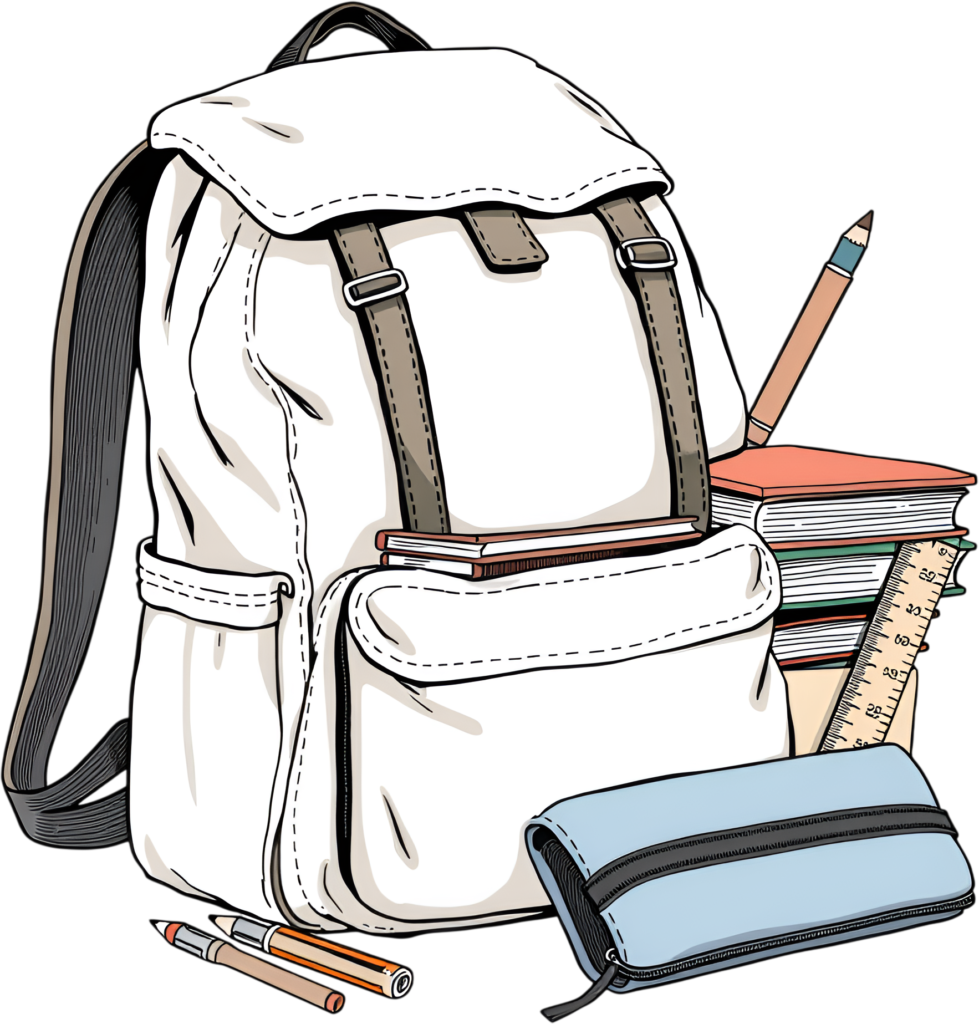 Classic White School Backpack Illustration PNG, packed with books and essential stationery for students 1 - Classic White School Backpack Illustration PNG, packed with books and essential stationery for students Free PNG Download