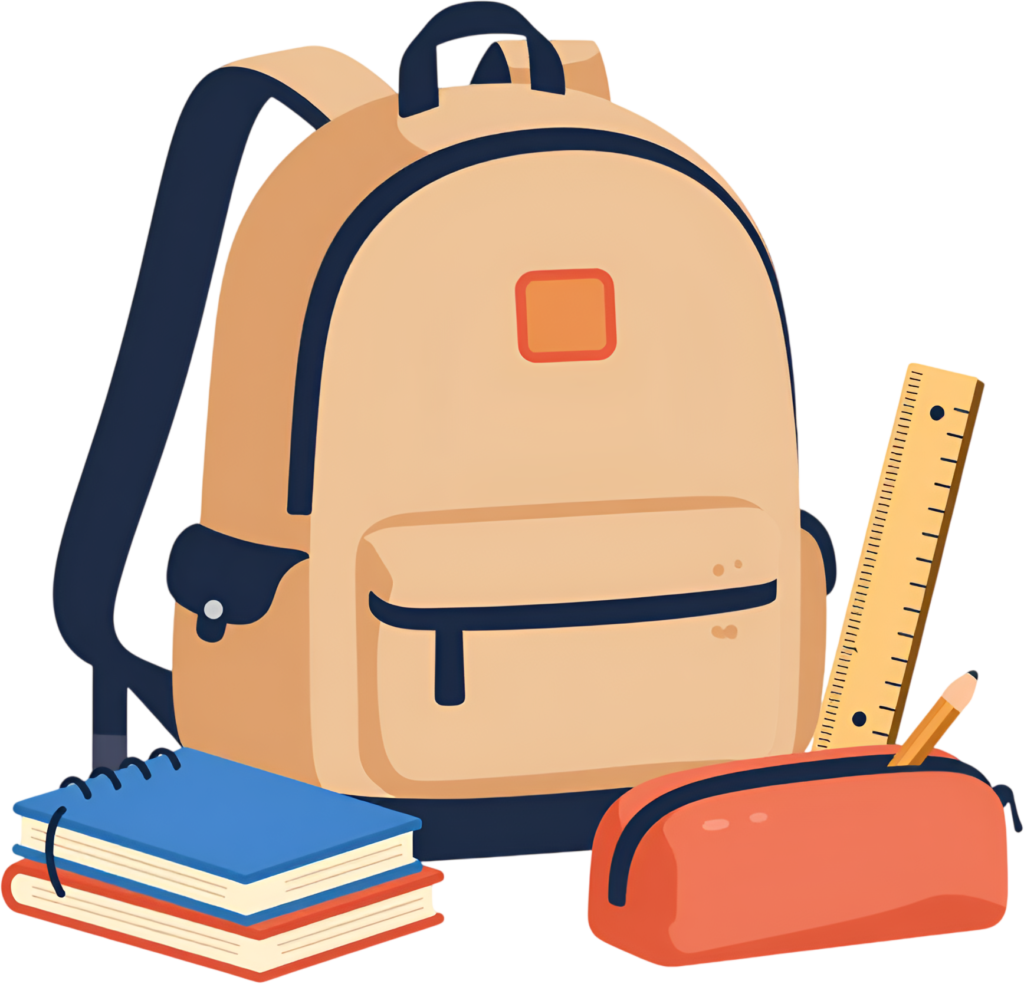 Stylish Beige School Backpack Illustration PNG, featuring notebooks, ruler, and pencil case ready 1 - Stylish Beige School Backpack Illustration PNG, featuring notebooks, ruler, and pencil case ready Free PNG Download
