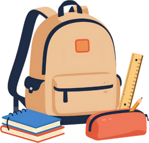 Stylish Beige School Backpack Illustration PNG, featuring notebooks, ruler, and pencil case ready