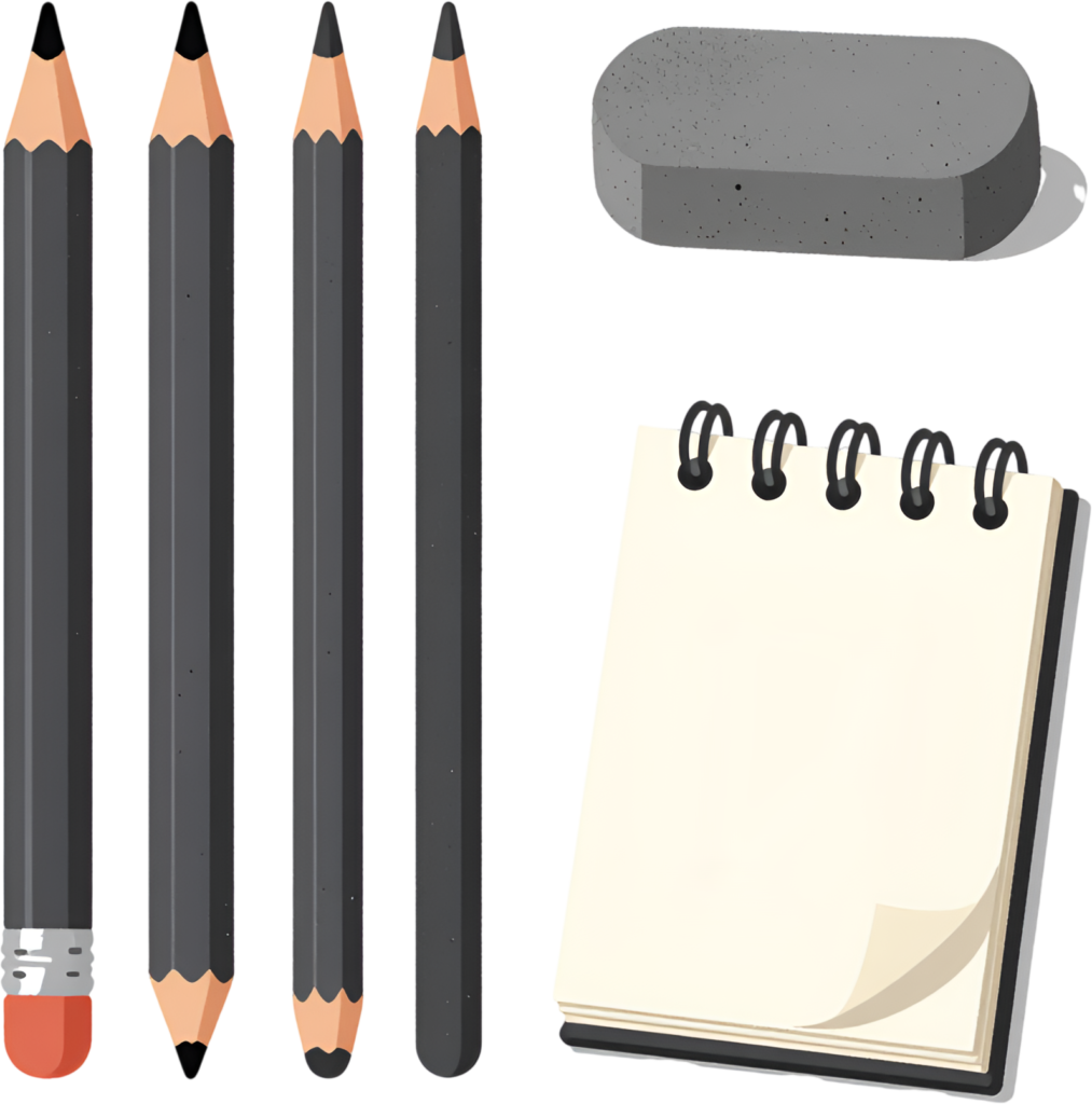- Essential Pencils, Eraser, and Spiral Notepad Illustration PNG for everyday drawing and writing Free PNG Download