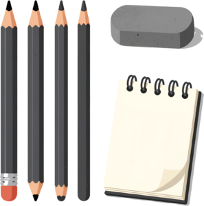 Essential Pencils, Eraser, and Spiral Notepad Illustration PNG for everyday drawing and writing