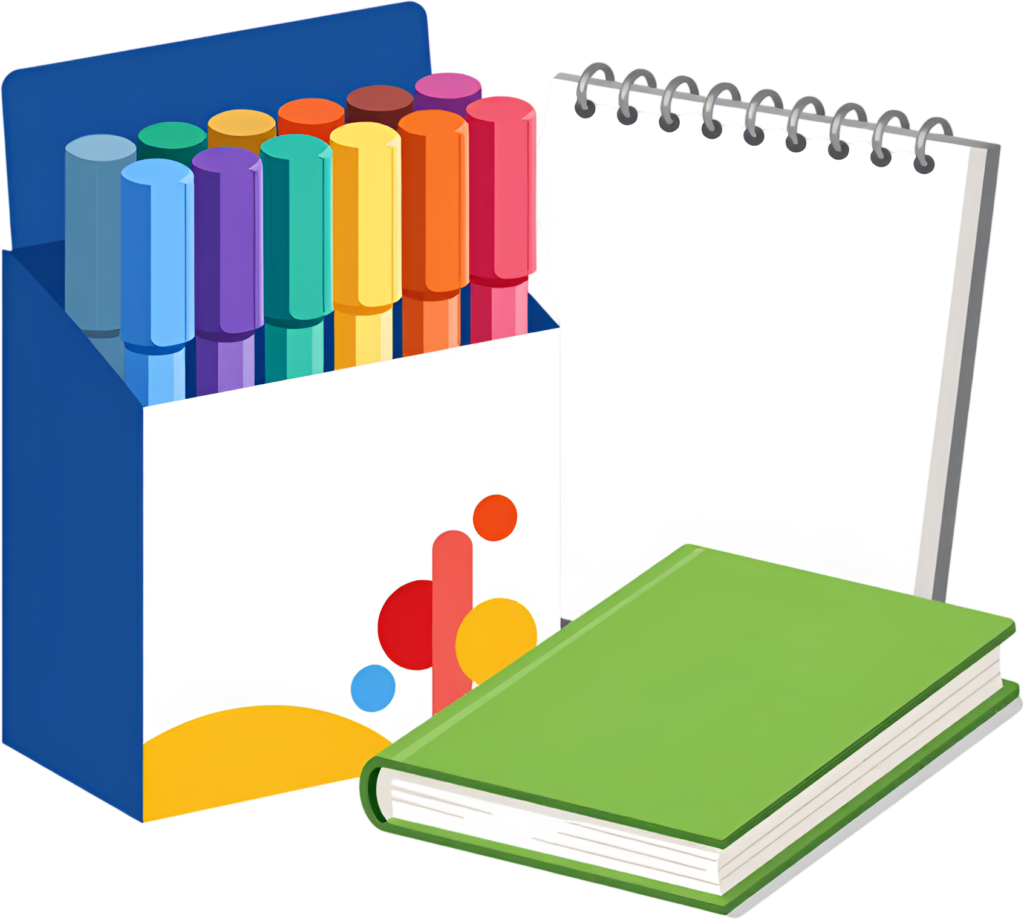 - Assorted Colorful Markers, Notepad, and Green Book PNG, an inviting Illustration for learning activities Free PNG Download
