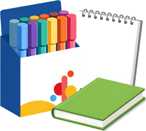 Assorted Colorful Markers, Notepad, and Green Book PNG, an inviting Illustration for learning activities