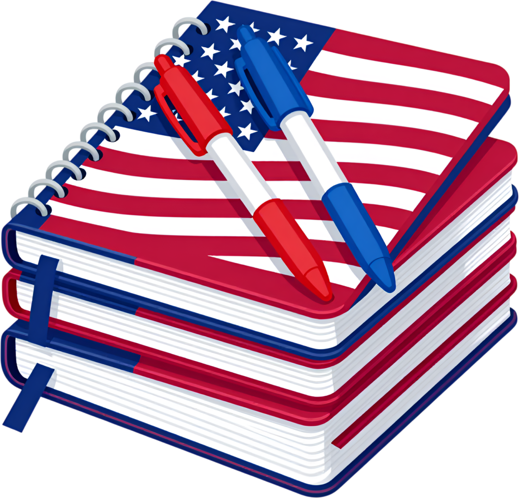 - Patriotic US Flag Notebooks and Pens PNG, a vibrant Illustration for civics or history class Free PNG Download