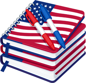 Patriotic US Flag Notebooks and Pens PNG, a vibrant Illustration for civics or history class