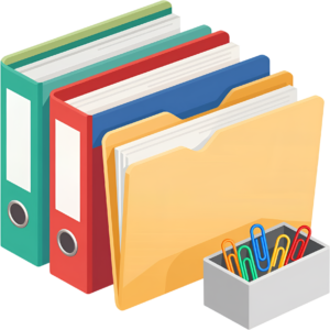 Organized Binders, File Folders, and Paper Clips Illustration PNG for efficient office management