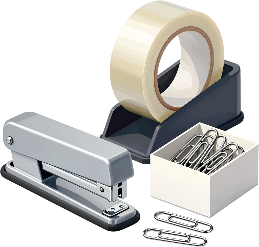 - Essential Office Stationery Set PNG, including stapler, tape dispenser, and paper clips Illustration Free PNG Download