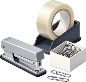 Essential Office Stationery Set PNG, including stapler, tape dispenser, and paper clips Illustration