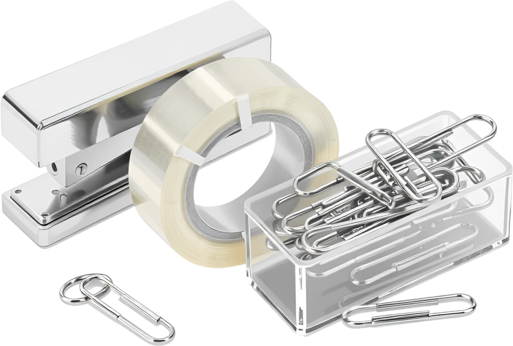 Sleek Chrome Stapler, Tape Dispenser, and Paper Clips PNG for professional office Illustration 1 - Sleek Chrome Stapler, Tape Dispenser, and Paper Clips PNG for professional office Illustration Free PNG Download