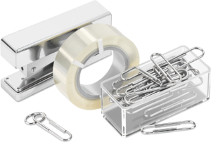 Sleek Chrome Stapler, Tape Dispenser, and Paper Clips PNG for professional office Illustration