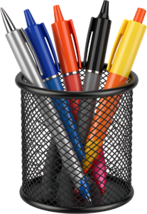 Organized Mesh Pen Holder PNG, filled with assorted colorful pens, a useful desk Illustration