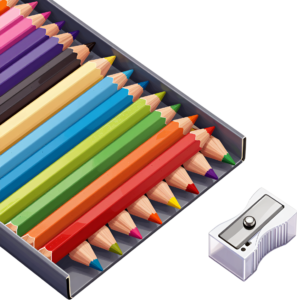 Complete Colored Pencils Set PNG, with sharpener, an inspiring Illustration for artists and students