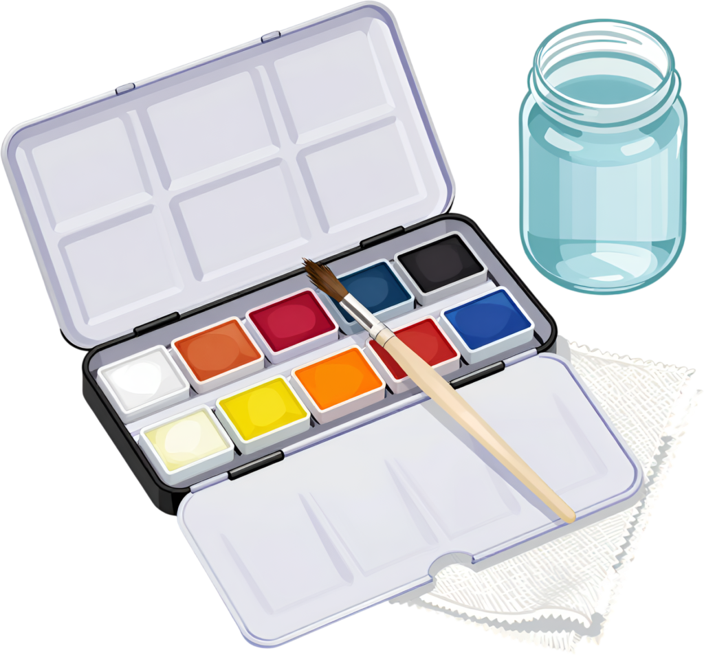 Classic Watercolor Paint Set PNG, complete with brush and water jar, an artistic Illustration 1 - Classic Watercolor Paint Set PNG, complete with brush and water jar, an artistic Illustration Free PNG Download