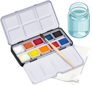 Classic Watercolor Paint Set PNG, complete with brush and water jar, an artistic Illustration