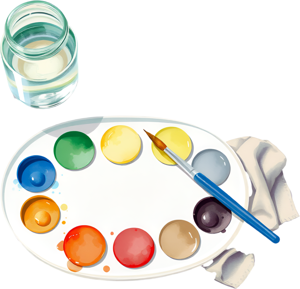 Artistic Watercolor Palette PNG, featuring vibrant paints, brush, and water for creative Illustration 1 - Artistic Watercolor Palette PNG, featuring vibrant paints, brush, and water for creative Illustration Free PNG Download