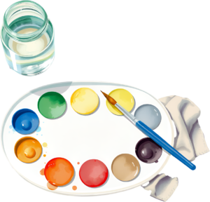 Artistic Watercolor Palette PNG, featuring vibrant paints, brush, and water for creative Illustration
