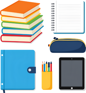 Comprehensive School Supplies Collection PNG, including books, notebooks, and tablet for modern Illustration