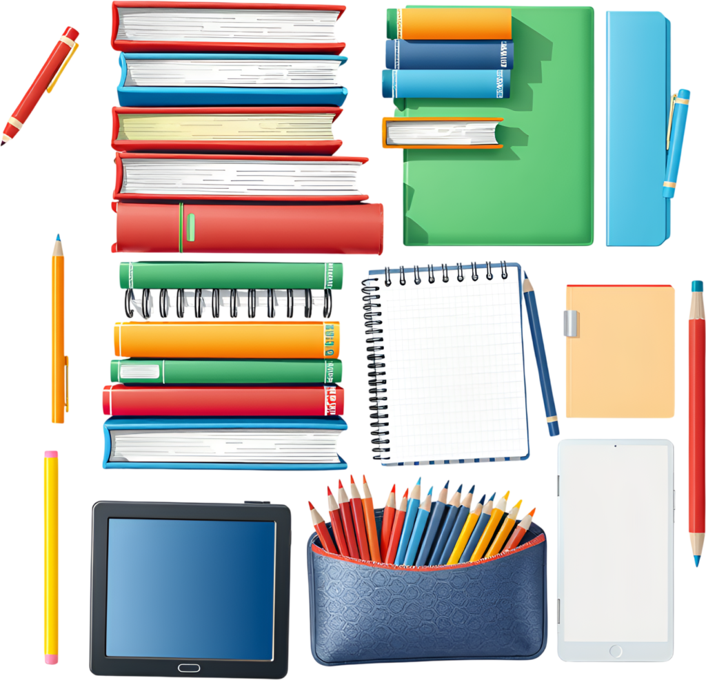 - Extensive School and Office Supplies PNG, showcasing books, stationery, and tablets in this Illustration Free PNG Download