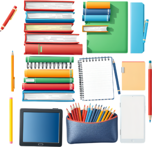 Extensive School and Office Supplies PNG, showcasing books, stationery, and tablets in this Illustration