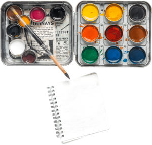 Artistic Dual Watercolor Paint Sets PNG, with spiral notebook for vibrant creative Illustration