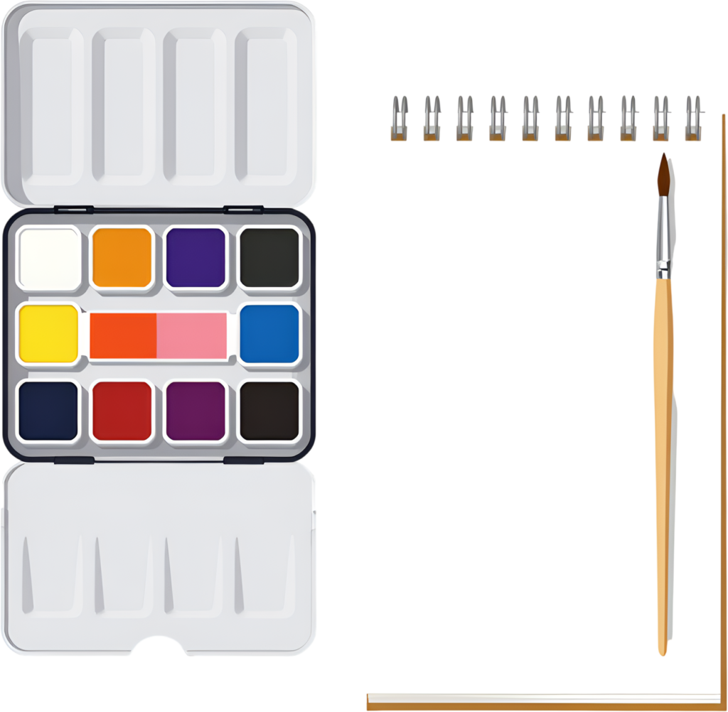 Minimalist Watercolor Paint Set PNG, alongside a spiral notebook and brush, perfect art Illustration 1 - Minimalist Watercolor Paint Set PNG, alongside a spiral notebook and brush, perfect art Illustration Free PNG Download