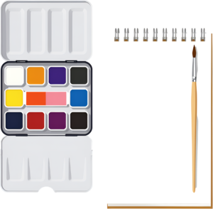 Minimalist Watercolor Paint Set PNG, alongside a spiral notebook and brush, perfect art Illustration
