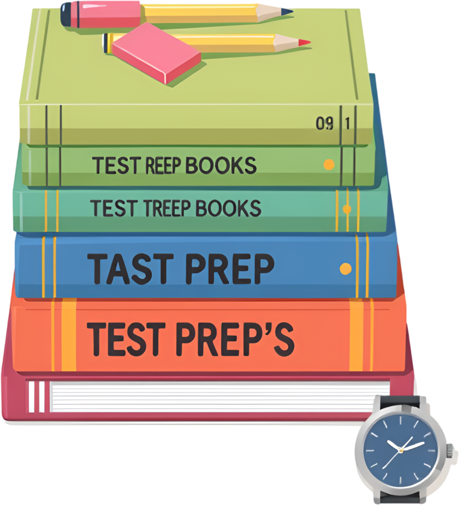 Focused Test Prep Books Stack PNG, with pencils, eraser and watch for study Illustration 1 - Focused Test Prep Books Stack PNG, with pencils, eraser and watch for study Illustration Free PNG Download