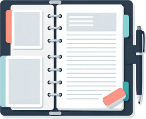 Customizable Open Planner Organizer PNG, with photo spaces, pen, and eraser for personal Illustration