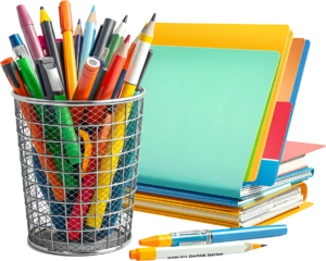Vast Stationery and Folder Collection PNG, showcasing pens, pencils, and books in this Illustration