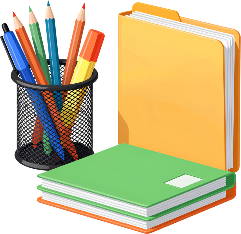 Efficient Desk Organization PNG, featuring pen holder, orange folder, and green books Illustration 1 - Efficient Desk Organization PNG, featuring pen holder, orange folder, and green books Illustration Free PNG Download