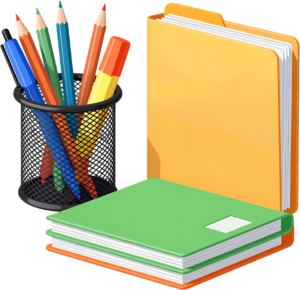 Efficient Desk Organization PNG, featuring pen holder, orange folder, and green books Illustration
