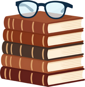 Academic Stack of Books PNG, topped with reading glasses, a symbol of knowledge Illustration