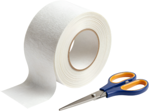 Showcasing an essential white tape roll and sharp blue scissors, fundamental tools for crafting and office tasks, perfect for your creative PNG Clipart Illustration