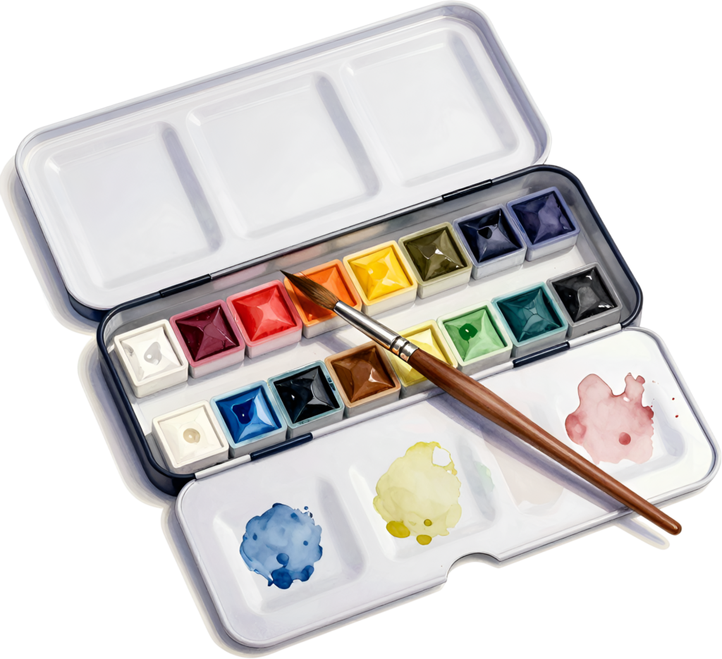 Presenting a professional watercolor paint set, complete with vibrant pan colors, a brush, and painted swatches, ideal for artistic PNG Clipart Illustration 1 - Presenting a professional watercolor paint set, complete with vibrant pan colors, a brush, and painted swatches, ideal for artistic PNG Clipart Illustration Free PNG Download