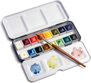 Presenting a professional watercolor paint set, complete with vibrant pan colors, a brush, and painted swatches, ideal for artistic PNG Clipart Illustration