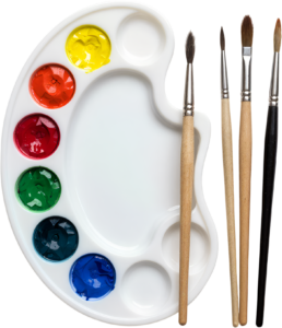 Featuring an artist’s paint palette, laden with various bright colors, accompanied by a selection of paintbrushes, perfect for creative PNG Clipart Illustration