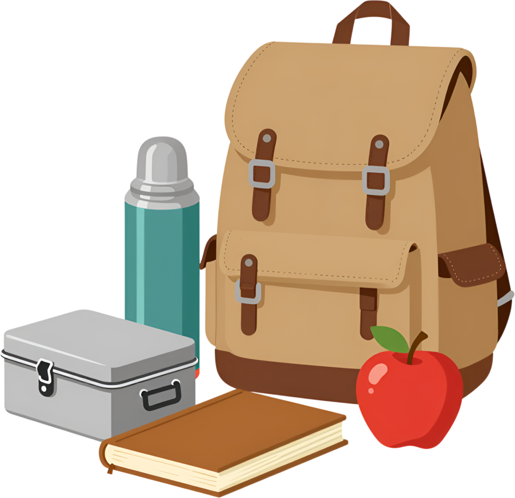 Envision a complete school lunch and backpack set, including a thermos, lunchbox, book, and a fresh apple, all ready for the day Clipart Illustration PNG 1 - Envision a complete school lunch and backpack set, including a thermos, lunchbox, book, and a fresh apple, all ready for the day Clipart Illustration PNG Free PNG Download