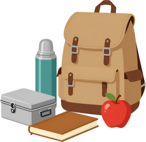 Envision a complete school lunch and backpack set, including a thermos, lunchbox, book, and a fresh apple, all ready for the day Clipart Illustration PNG