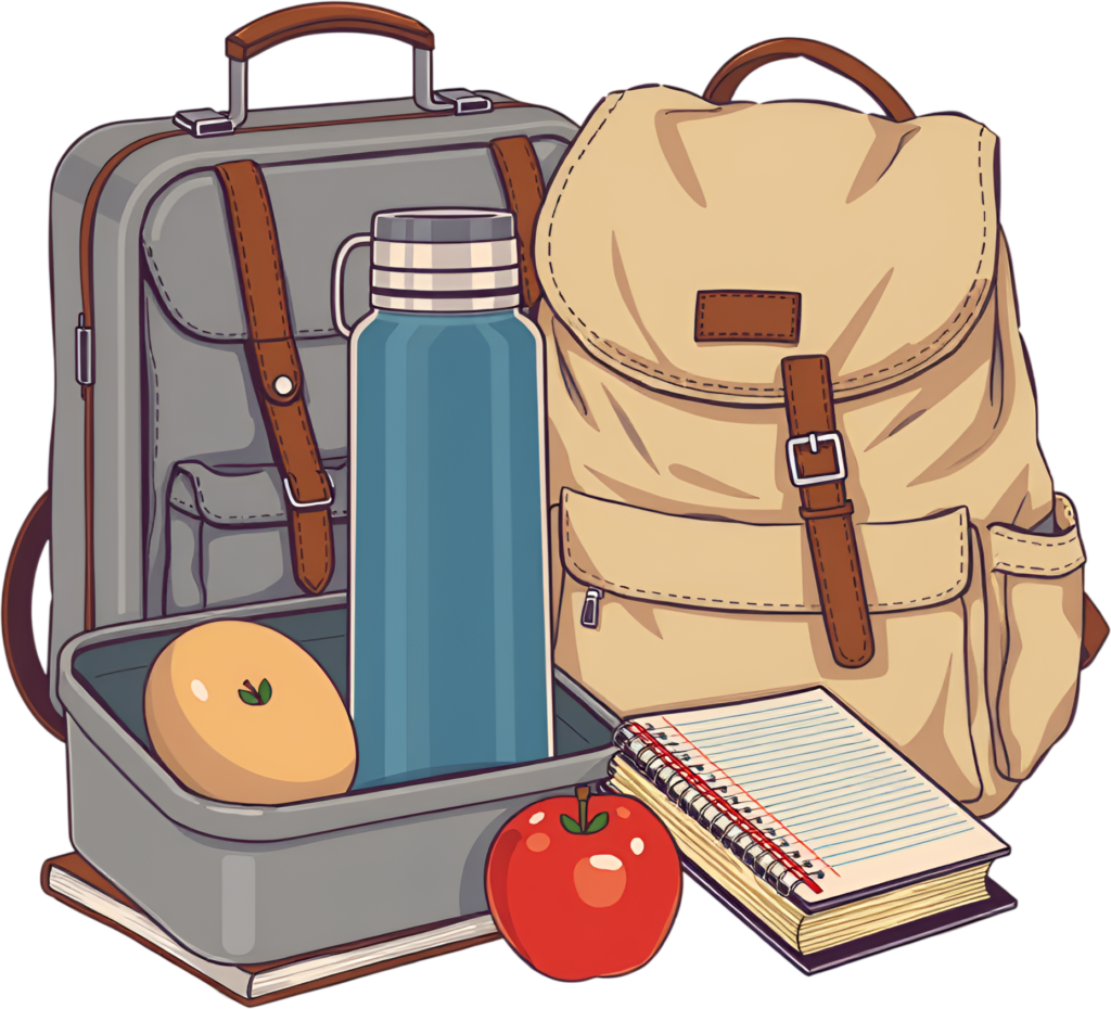Highlighting an assortment of school bags and lunch items, featuring a backpack, satchel, thermos, and an apple, perfect for students PNG Clipart Illustration 1 - Highlighting an assortment of school bags and lunch items, featuring a backpack, satchel, thermos, and an apple, perfect for students PNG Clipart Illustration Free PNG Download
