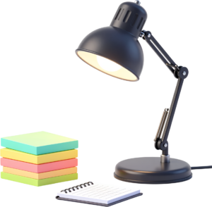 Illuminating a workspace with a classic black desk lamp, a tidy stack of sticky notes, and a small spiral notebook, ideal for productive PNG Clipart Illustration