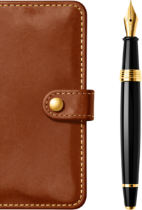 Observe an elegant brown leather notebook and a sophisticated black fountain pen, embodying timeless writing style, presented as a premium PNG Clipart Illustration