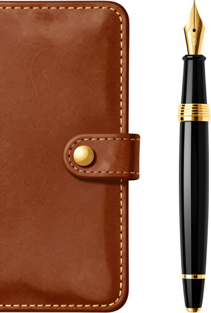 Observe an elegant brown leather notebook and a sophisticated black fountain pen, embodying timeless writing style, presented as a premium PNG Clipart Illustration 1 - Observe an elegant brown leather notebook and a sophisticated black fountain pen, embodying timeless writing style, presented as a premium PNG Clipart Illustration Free PNG Download